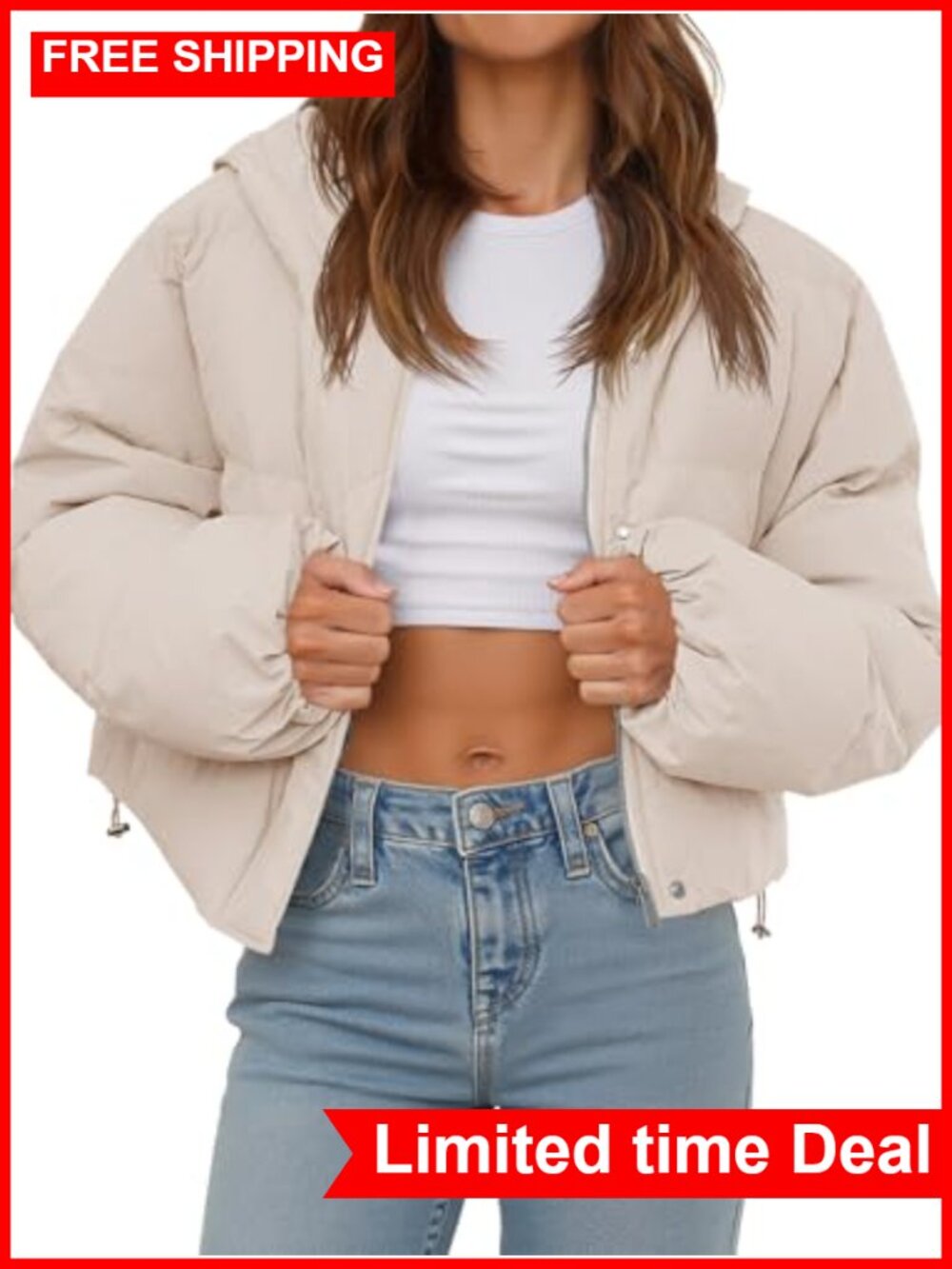 Women's Cropped Puffer Jacket Hooded Loose Fit Down Coat with Pockets